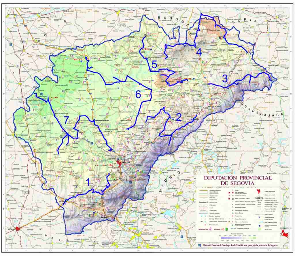 Plano general con la situación de las siete rutas de geoturismo en la provincia de Segovia.